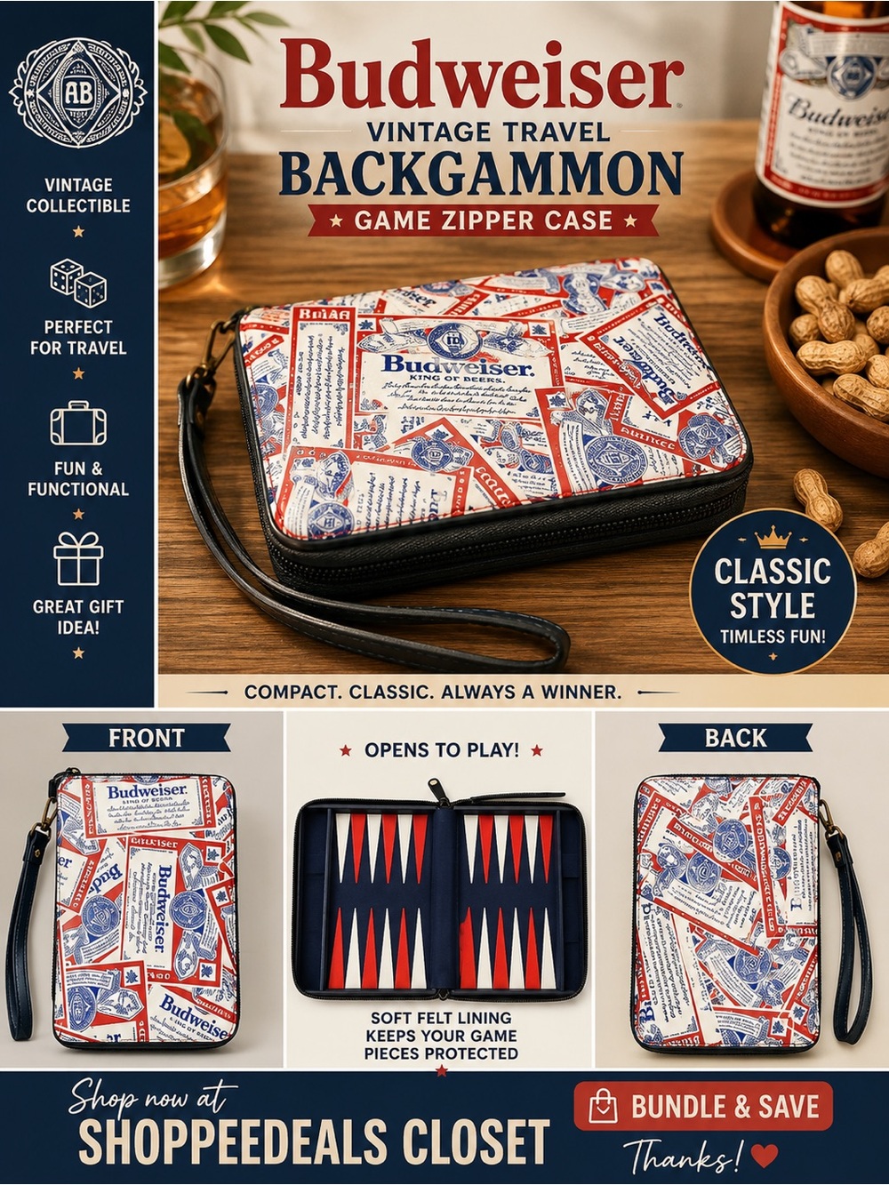 Budweiser Vintage Travel Backgammon Game Zipper Empty Case